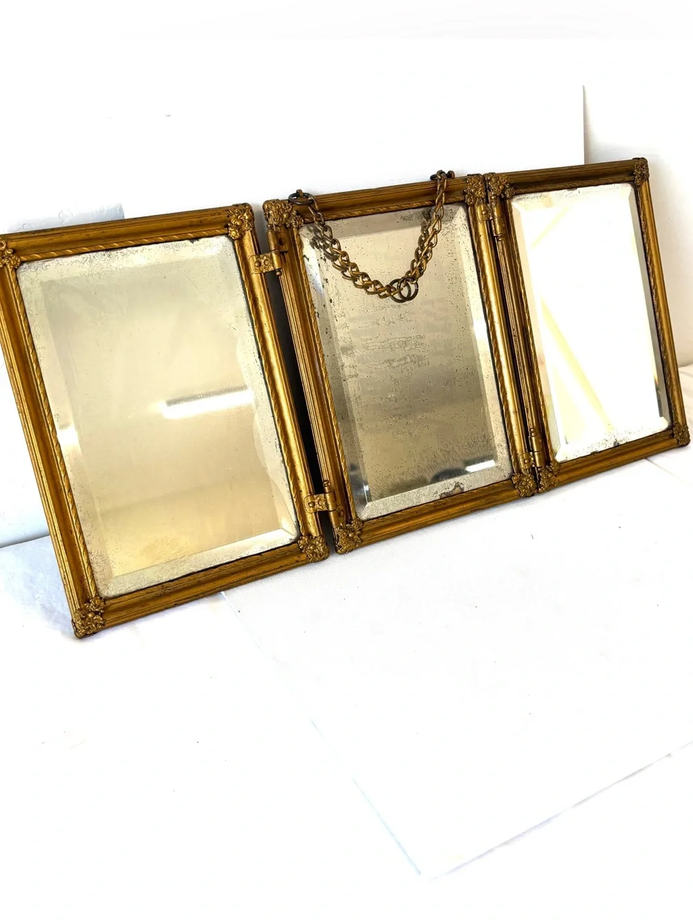 Mirror: Antique Victorian Beveled Tri-Fold Hanging Brass Indian Floral Wall Art